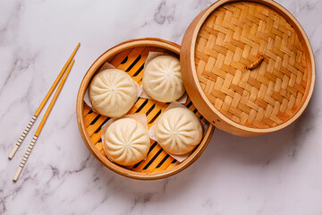 Steamed buns in bamboo steamer on a kitchen counter