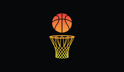 Dynamic orange basketball in mid air over a golden hoop on a sleek black background capturing the thrill of a slam dunk in a minimalist style © premiumsvgdesign