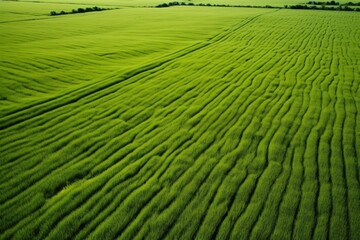 Fototapeta premium Green agricultural field creating wavy patterns across the landscape seen from aerial view