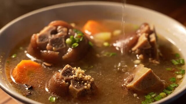 Hearty oxtail stew with vegetables in a rich brown broth, garnished with fresh herbs, on a rustic table.
