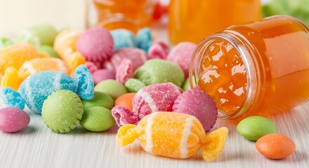 Colorful Candy Spilling from Orange Bottle.