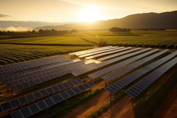 Obraz premium Solar farm and vineyard together under a golden sunset, representing sustainable agriculture