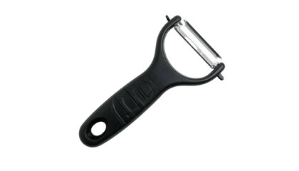 A black vegetable peeler with a stainless steel blade, shown on a black background