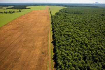 Aerial view showing a wide agricultural field bordering a dense green forest under a clear sky