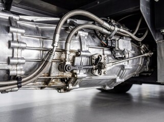 Obraz premium Close-up of a vehicle transmission system with braided hoses, metal housing, and mechanical linkages, highlighting automotive engineering, drivetrain components, and industrial precision.