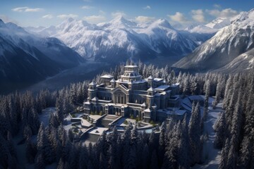 Naklejka premium Castle fortress standing in winter forest with snow capped mountains