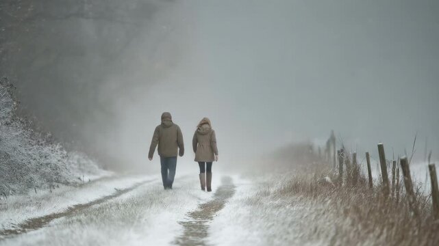 A romantic winter date in the cold outdoors with a couple strolling together
