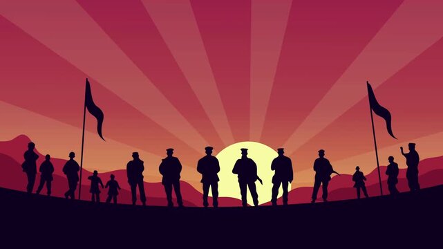 Memorial Day vector illustration of soldiers standing on a hill with flags at sunset