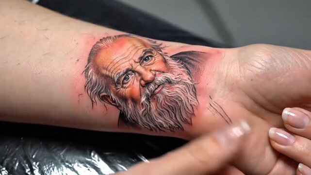 Realistic Portrait Tattoo of Old Man with White Beard on Arm