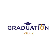 Graduation 2026 logo, graduation cap and clock icon, vector illustration for diploma or certificate design, isolated on transparent background, png