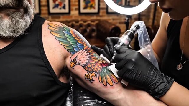 Tattoo Artist Inking Colorful Eagle Design on Man's Arm