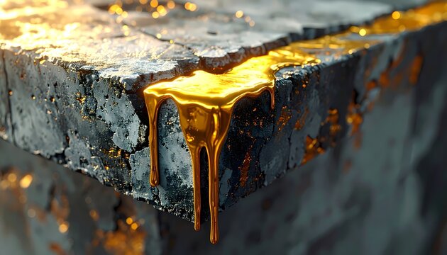 Molten Gold Dripping Down Rough Dark Stone Surface. Abstract Close-up of Liquid Metal Flowing Over Textured Concrete, Symbolizing Wealth, Luxury, and Industrial Material.