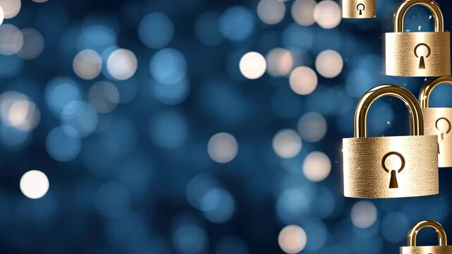 Golden locks appear in different states against a blue and sparkly background, showing safety features and secure options for protection