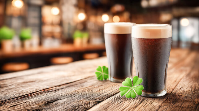 Irish pub background for St. Patrick's Day with mugs of dark stout beer on a wooden bar counter and clover decor. Festive atmosphere, Irish tradition, celebration mood and copy space.
