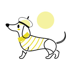 A charming dachshund wearing a French beret and a yellow striped sweater