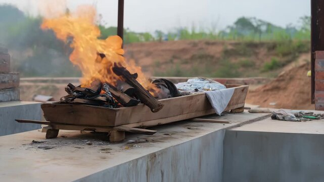 a Hindu outdoor funeral pyre burning on a wooden bier at a rural cremation ground in India, frontal wide view of the concrete platform