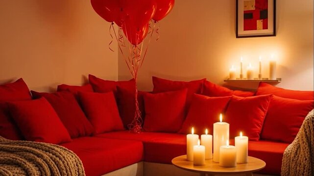 Romantic Red Living Room with Candles Cozy Interior