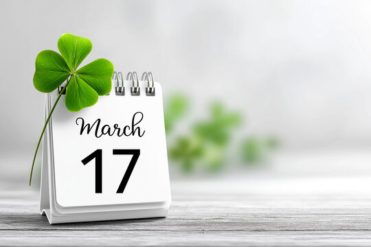 Calendar page for St. Patrick&rsquo;s Day featuring the date 17 March with a green clover symbol. Festive Irish holiday concept, luck, tradition and seasonal celebration with copy space.