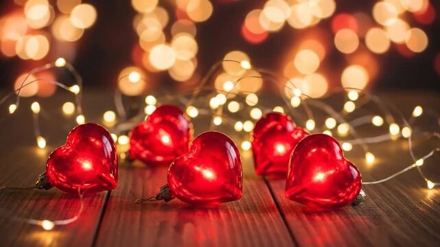 Red Heart Lights Garland on Wooden Table Romantic Background