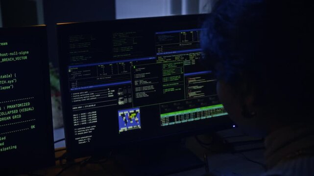 Over shoulder shot of young female cybercriminal programming on desktop computer looking at multiple screens with code during nighttime breach from personal workstation