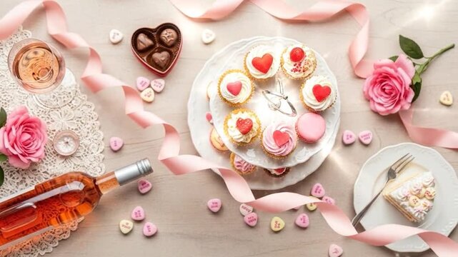 Romantic Valentine Table Setup with Cake and Flowers