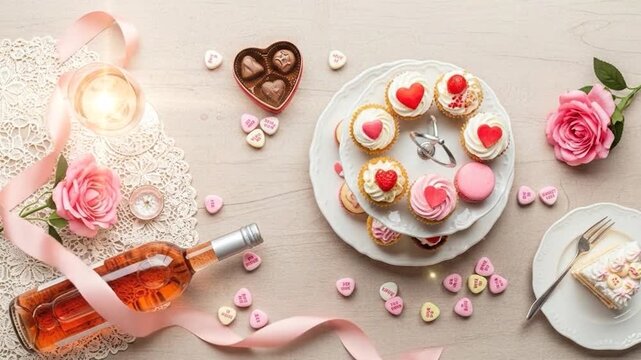 Romantic Valentine Table Setup with Cake and Flowers
