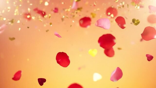 Falling Rose Petals and Hearts Romantic Golden Bokeh Background