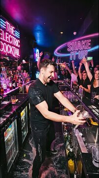 Lively bartender skillfully shaking a cocktail, with vibrant splashes of colorful liquid creating an energetic atmosphere, surrounded by enthusiastic patrons enjoying the nightlife