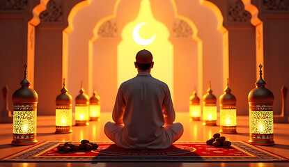 A person in white sits in a mosque-like space, meditating on a patterned rug as golden light blooms from behind, highlighting arches and rows of lanterns with a crescent moon symbol, 8K image