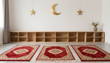 A bright room with a shelf on a white wall; moon and star motifs above; three red rugs in front of the shelf; a vase of flowers on the shelf, HD and 4k image