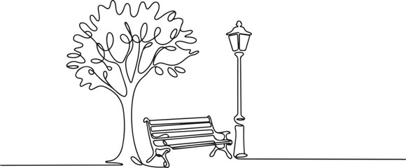 Bench in park near tree and lantern. Continuous One line minimalism style drawing. one line Art icon drawing vector © MDROBIUL