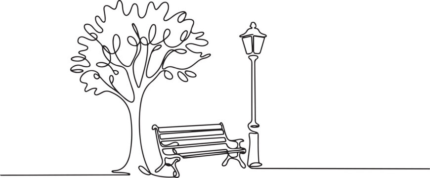 Bench in park near tree and lantern. Continuous One line minimalism style drawing. one line Art icon drawing vector