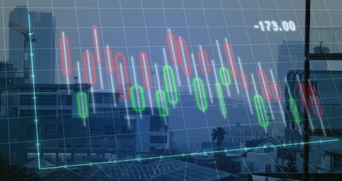 Market feed starting, candlestick chart pulsing and dropping then rising, showing volatility