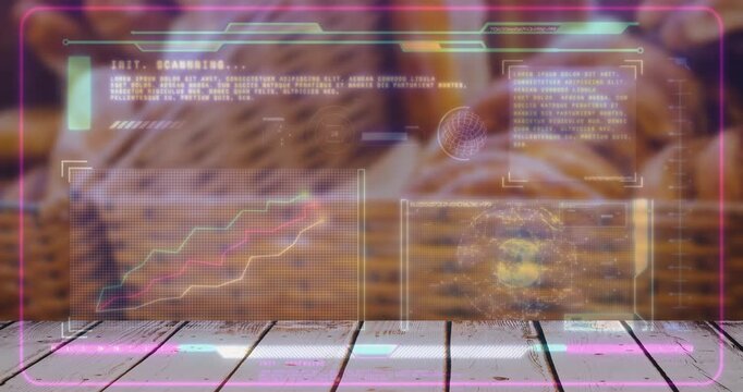 Translucent HUD starting scan over wooden plank, forming graphs, pulsing globe, visualizing status