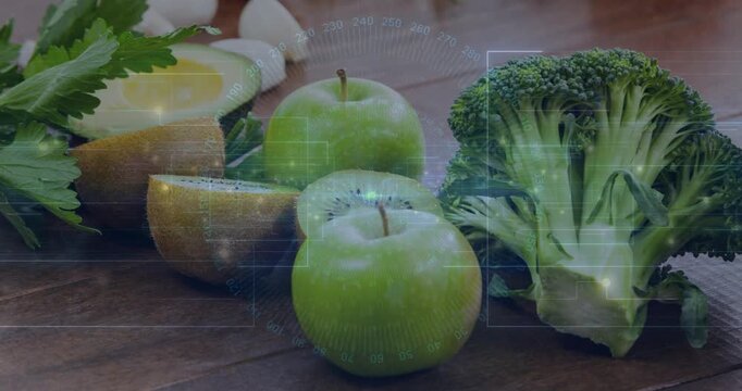 Translucent UI overlays appearing and scanning over fresh produce cluster, highlighting freshness