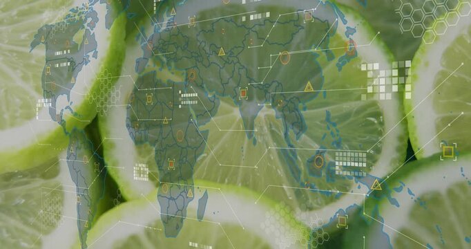 Map fading in then HUD overlays animating over lime slices, visualizing global data clusters