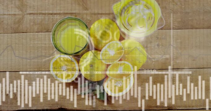 Waveform appearing over citrus, overlays expanding, revealing glass and reamer, showing year trends