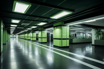 Naklejka premium Long corridor featuring modern architecture, bright overhead lighting, and green pillars