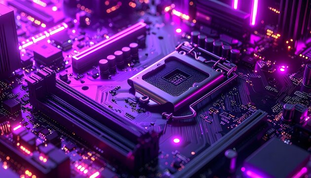 Futuristic Motherboard Detail with Neon Purple Lighting. Close-up of CPU socket and electronic circuitry, symbolizing high-speed computing, artificial intelligence, and digital technology background.