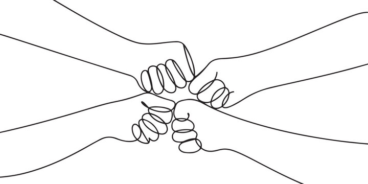 Hands of friends team bumping fists together. Continuous one line drawing. one line Art icon drawing vector