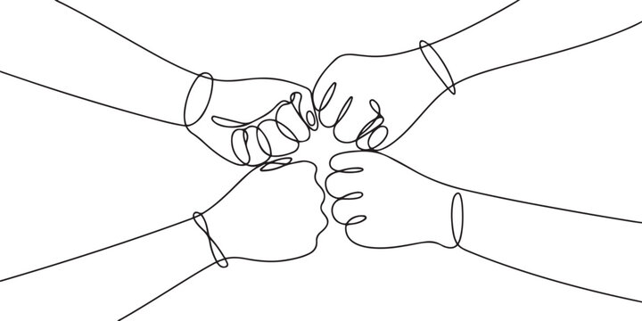 Hands of friends team bumping fists together. Continuous one line drawing. one line Art icon drawing vector