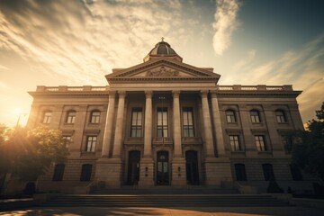 Naklejka premium Government building featuring columns and a dome under a dramatic cloudy sky at sunset