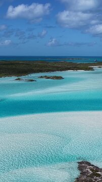 Exuma Skyline At Exuma Islands In Black Point Bahamas. Beach Landscape. Bay Harbor Scenery. Shades Of Blue Watercolor. Exuma Skyline In Exuma Islands In Black Point Bahamas. Amazing Caribbean Sea.