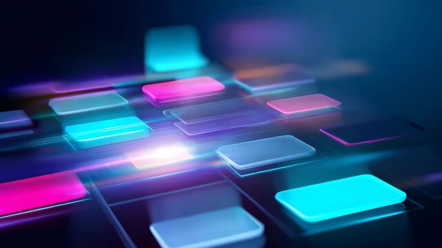 Glowing neon squares on dark background, futuristic digital technology and abstract data interface concept, neon squares, abstract background, digital interface, technology, futuristic