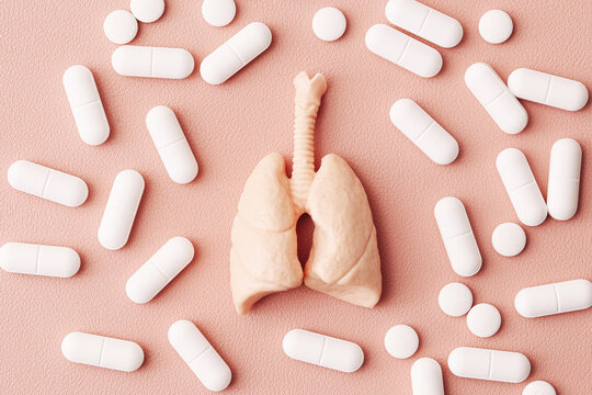 Human lungs model surrounded by white pills on pink background. Respiratory health medical concept. Treatment and medication for lung disease asthma infection and breathing problems. Flat lay view.