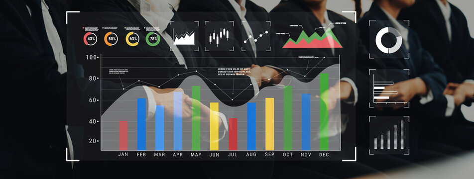 Dynamic business presentation showcasing charts and metrics on a digital screen, highlighting corporate strategies and teamwork during a conference setting. Trope