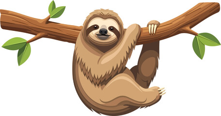 Fototapeta premium Happy sloth clinging to a mossy tree branch with green leaves