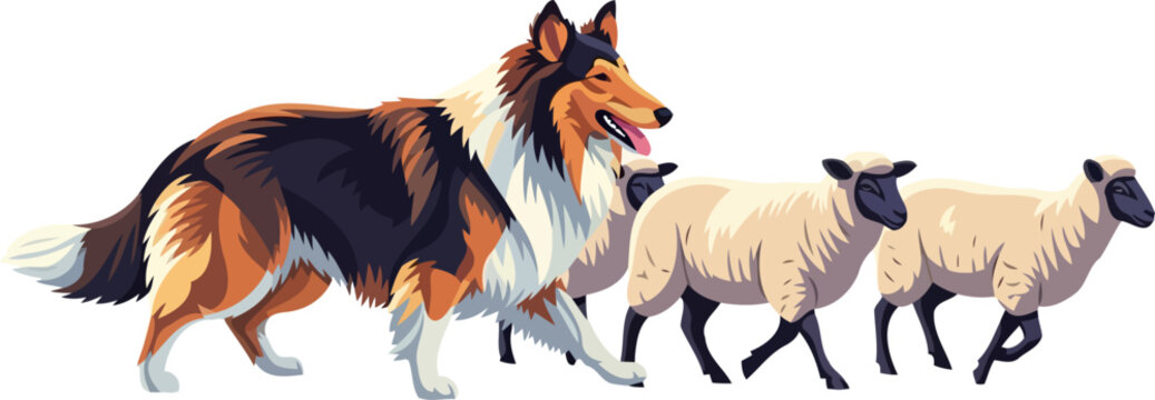 Rough collie dog herding a group of three sheep