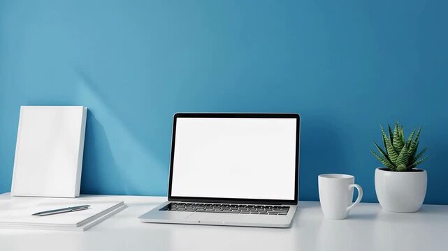 Modern workspace setup featuring a laptop, notebook, pen, mug, and succulent against a blue wall.