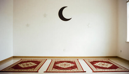 Indoor rugs, three prayer rugs in a sunlit, minimalist room with a crescent wall decor above, window light, 8K image